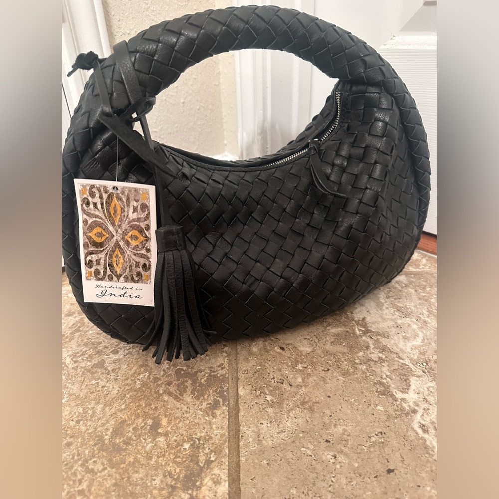 New handcrafted in india genuine leather black woven bag